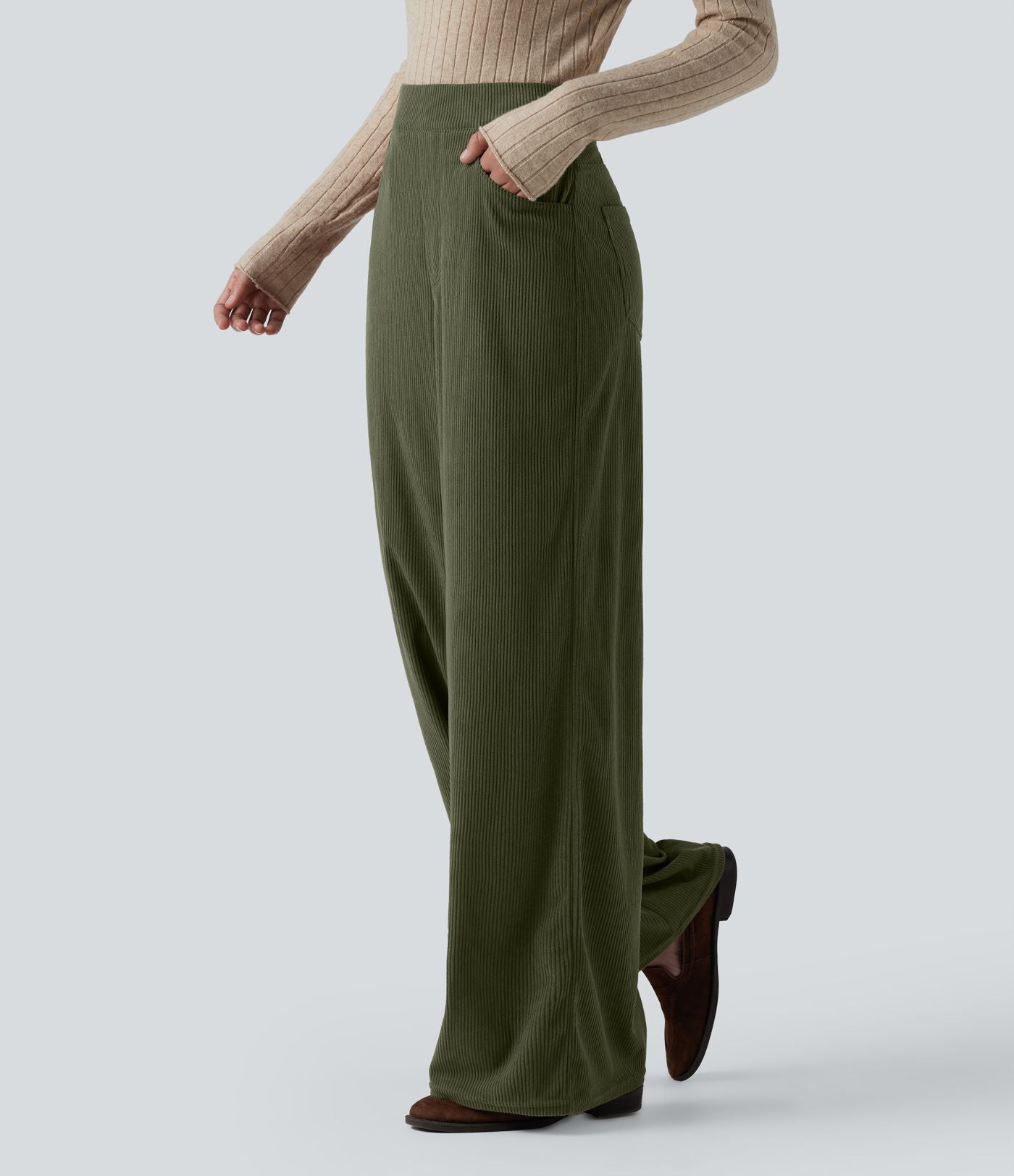 Pantalon velours côtelé tailleur et large Halara Flex™, taille haute, avec poches