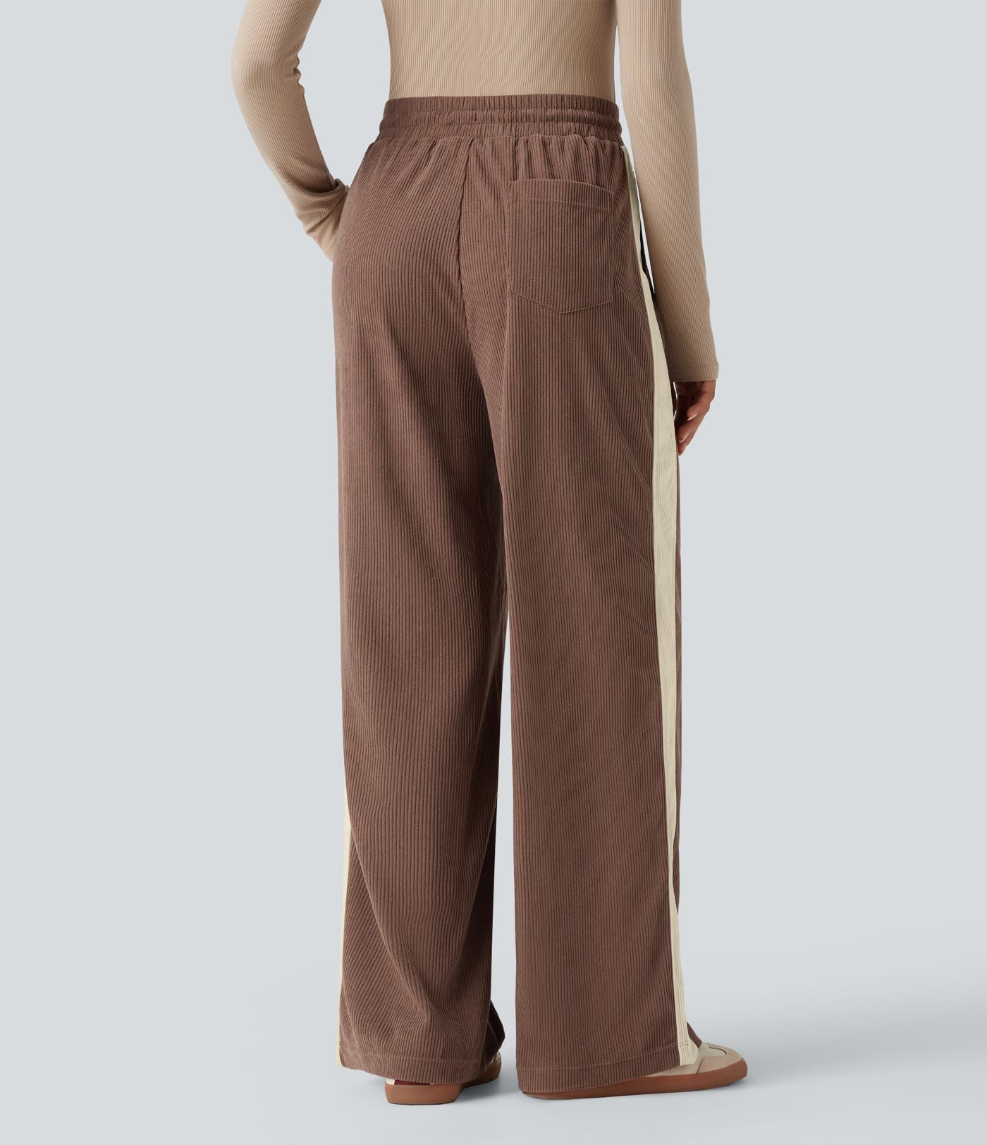 Pantalon jogging décontracté droit colorblock en velours côtelé, taille haute, avec cordon et poches