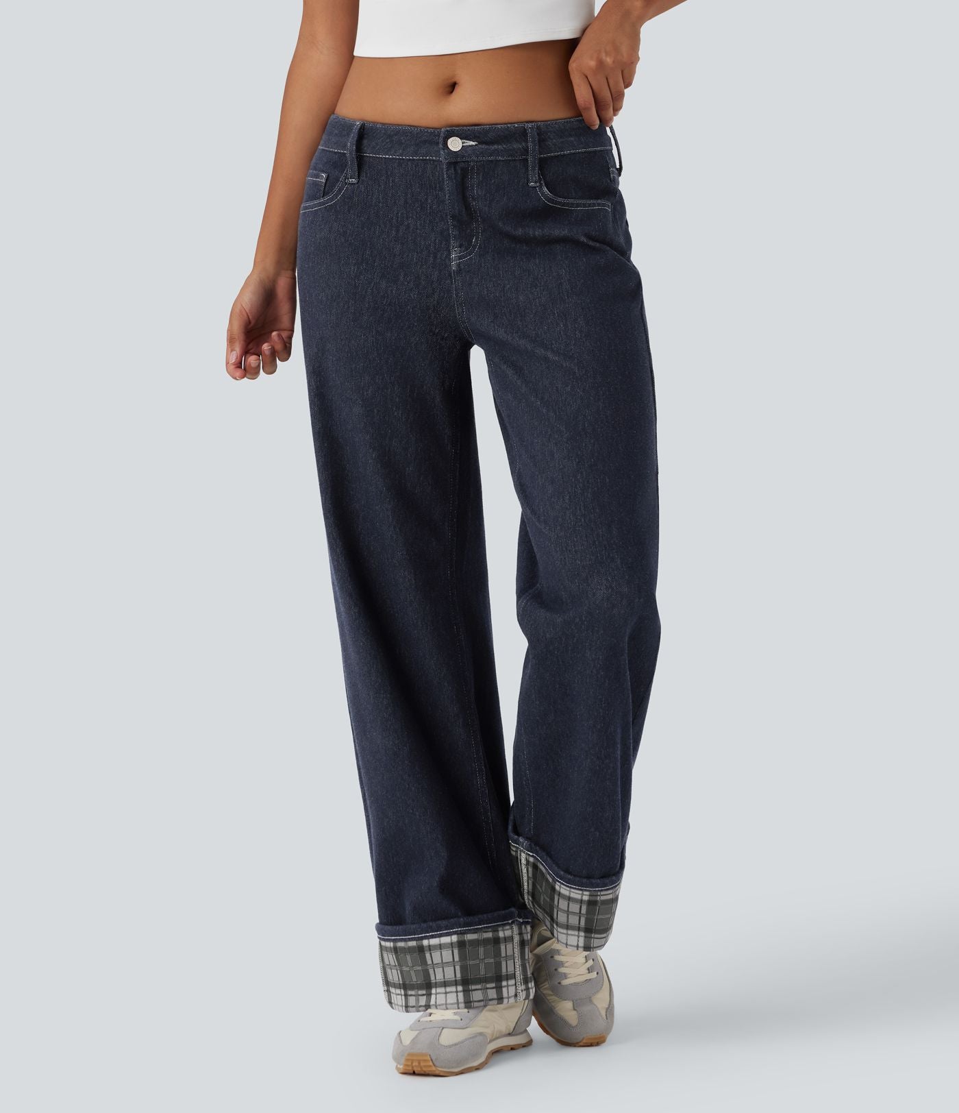 Jean large Halara Flex™ taille basse à carreaux contrastants ourlet roulé avec poches