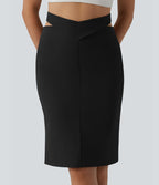 Jupe crayon casual mi-longue taille haute mélange lin à nœud dos