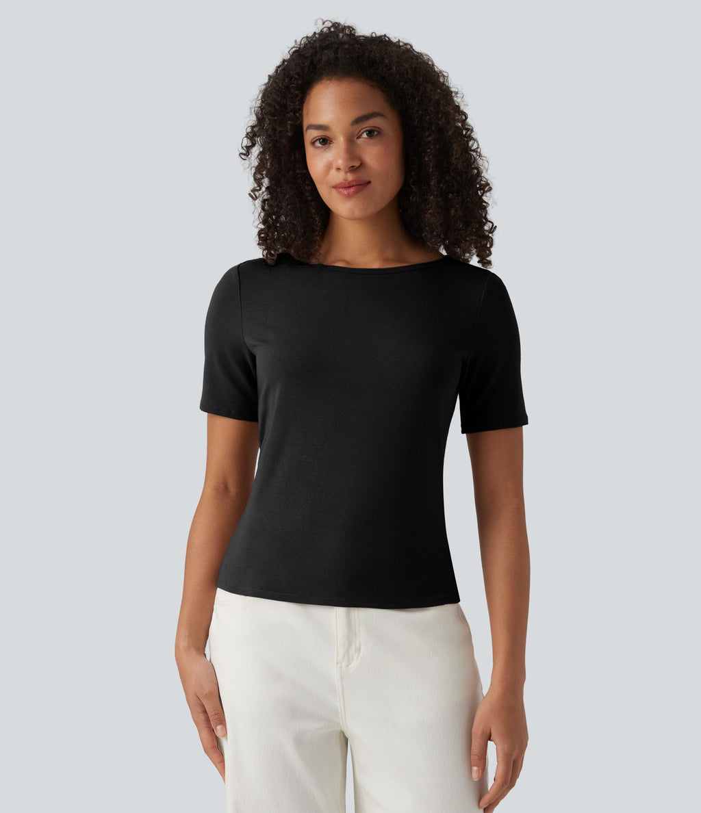 T-shirt casual manches courtes col bateau maille côtelée