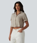 Chemise courte col classique manches courtes retroussées en mélange lin avec poches