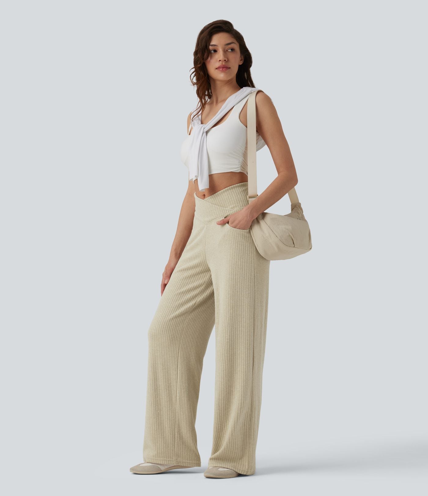 Pantalon droit décontracté côtelé croisé gainant taille haute avec poches