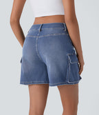 Short cargo décontracté en denim extensible délavé avec poches multiples et taille basse Halara Flex™