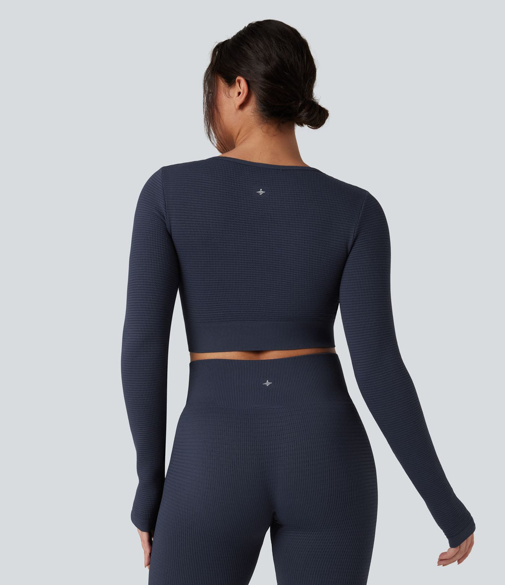 Haut de sport yoga court en maille gaufrée à manches longues sans couture OneForm Seamless Flow