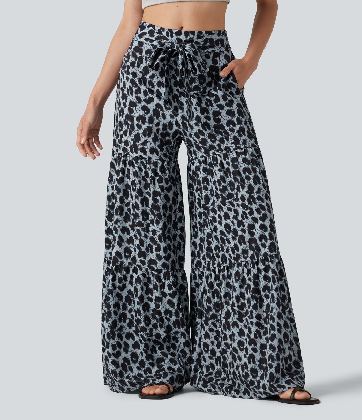 Pantalon ample décontracté taille mi-haute avec nœud devant imprimé léopard avec poches