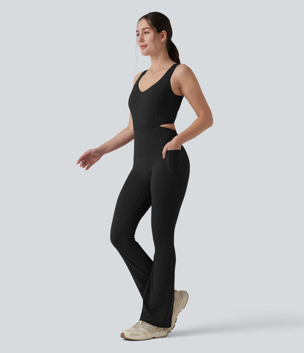 Combinaison d'entraînement Halara UltraSculpt™ évasée dos nu croisé gainante galbante avec fronces et coussinets fixes avec poches - Easy Peasy