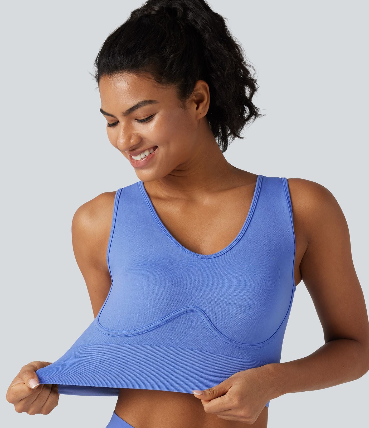 OneForm Seamless Flow Débardeur de yoga court col V avec brassière intégrée et laçage