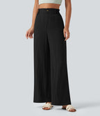 Pantalon décontracté taille haute à jambes larges en mélange de lin avec poches