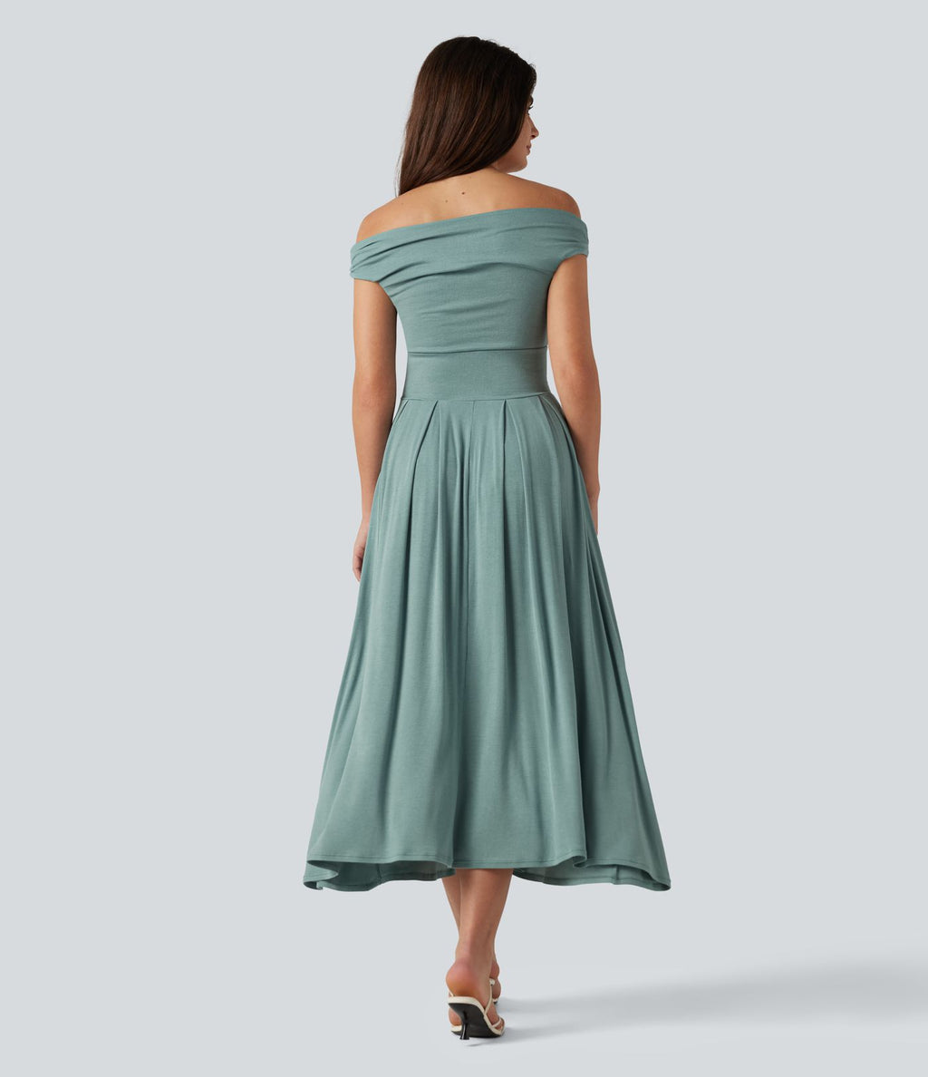 Robe midi casual fluide côtelée gainante à épaules dénudées