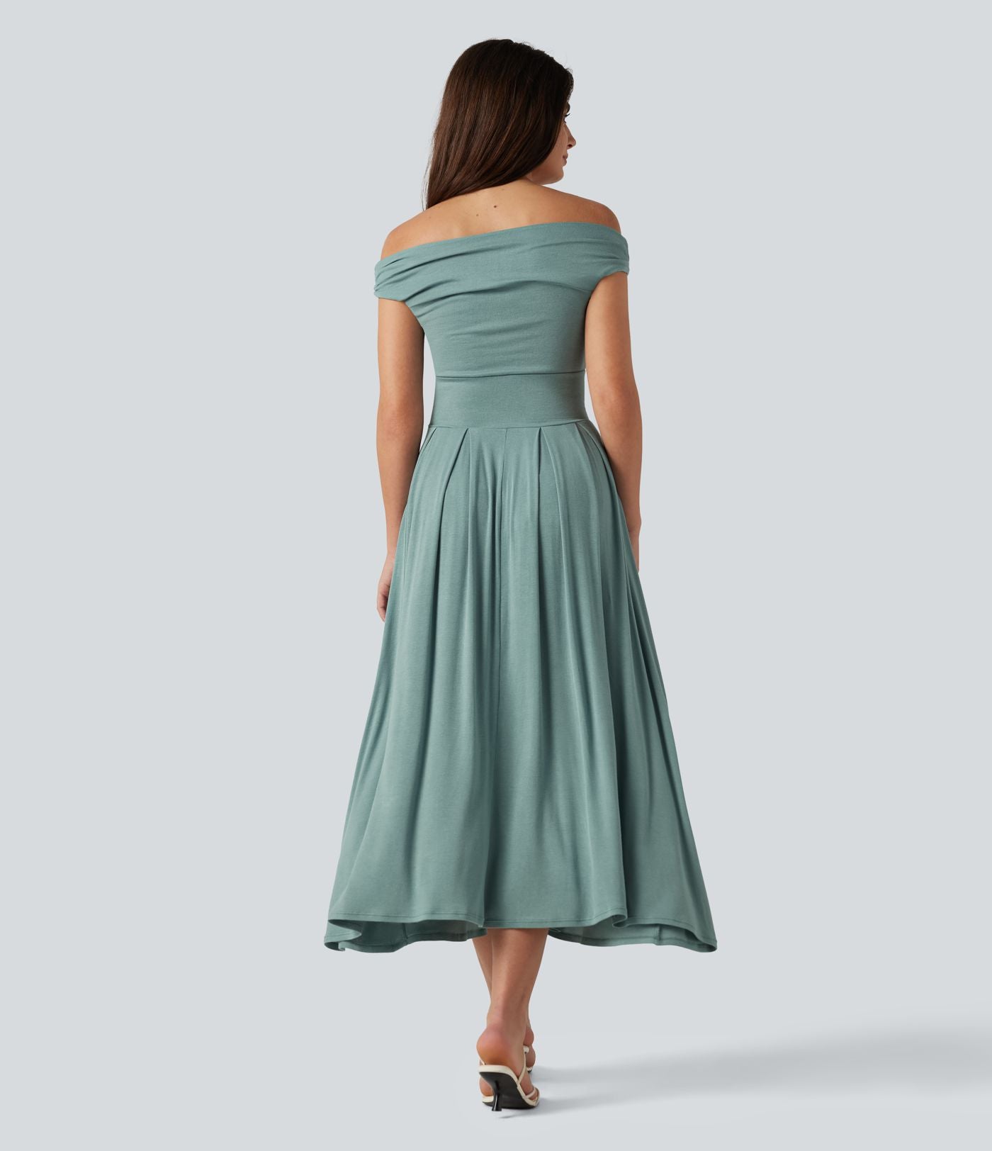 Robe midi casual fluide côtelée gainante à épaules dénudées