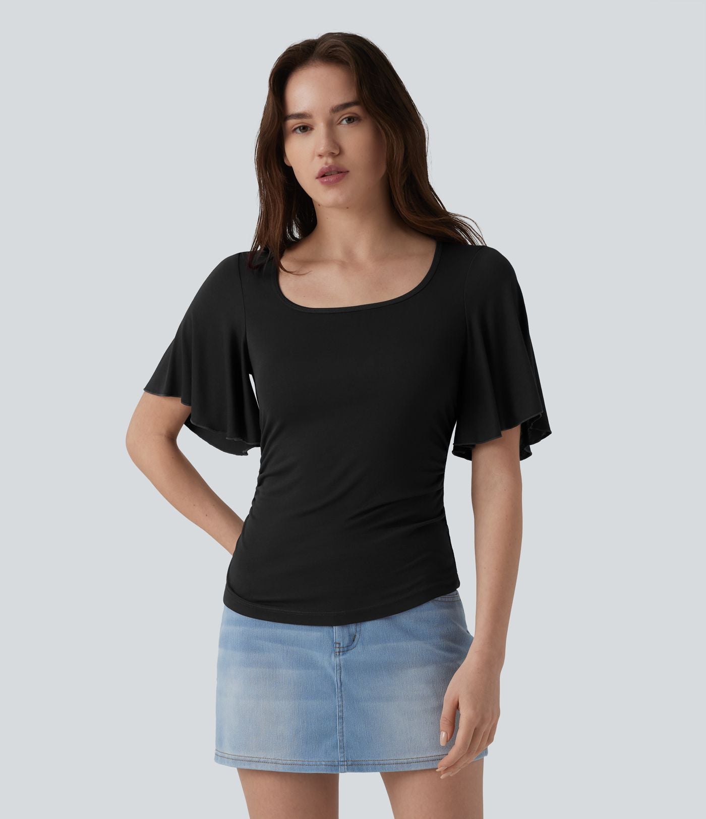 T-shirt décontracté maille côtelée col carré manches papillon froncé