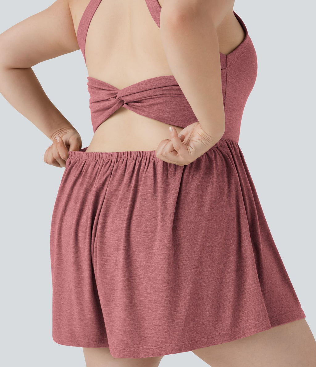 Combinaison-short de séjour grande taille 2-en-1 dos nu torsadée avec poches - Easy Peasy Edition
