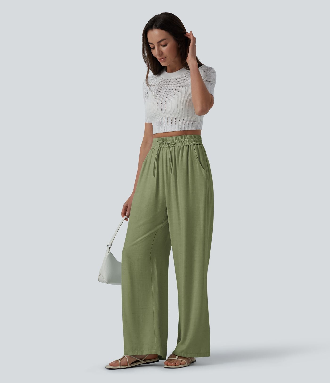 Pantalon casual large fluide mélange lin taille haute avec cordon de serrage et poches