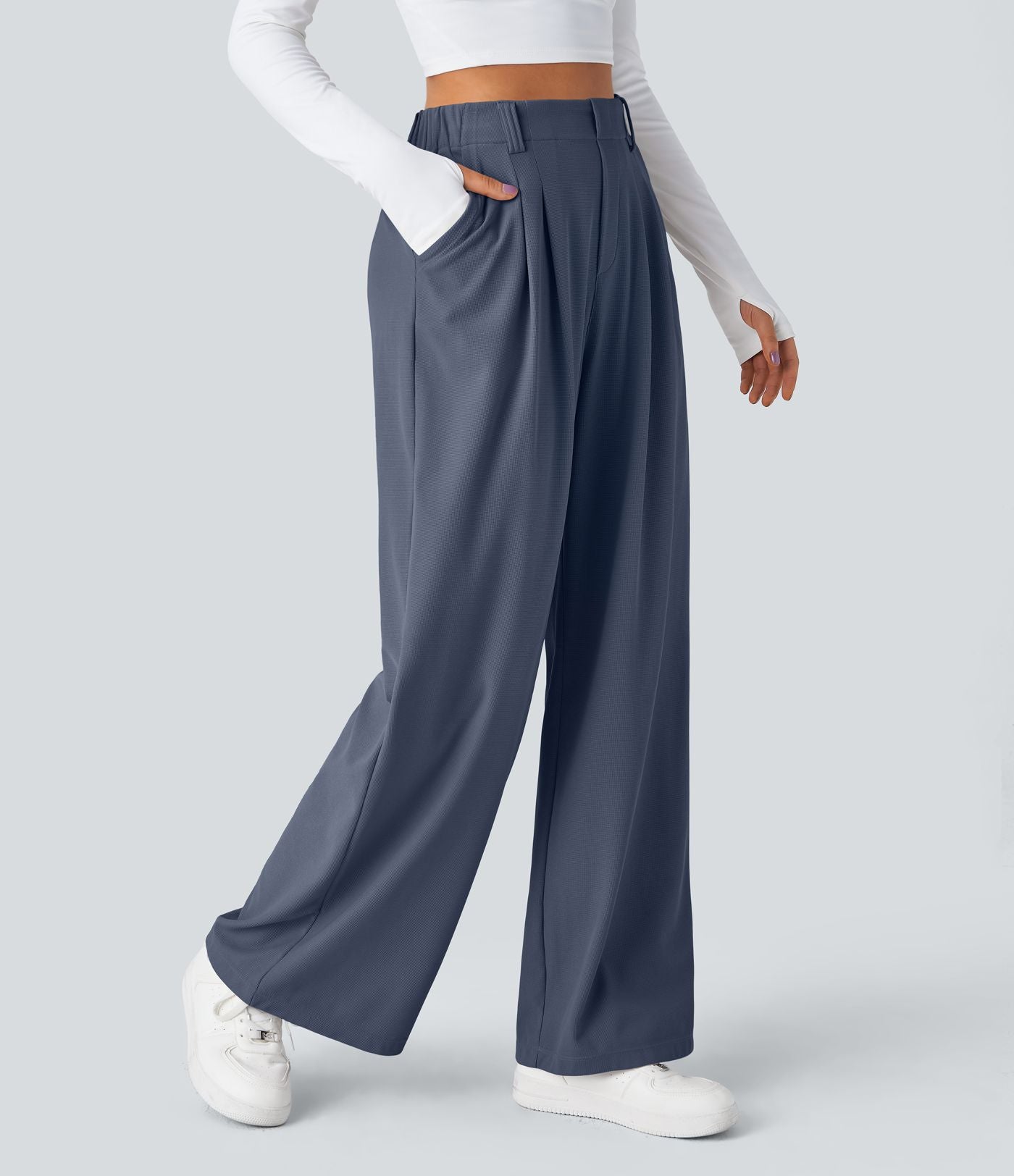 Pantalon Tailleur Large Fluide Halara Flex™ Gaufré Taille Haute Poches Latérales