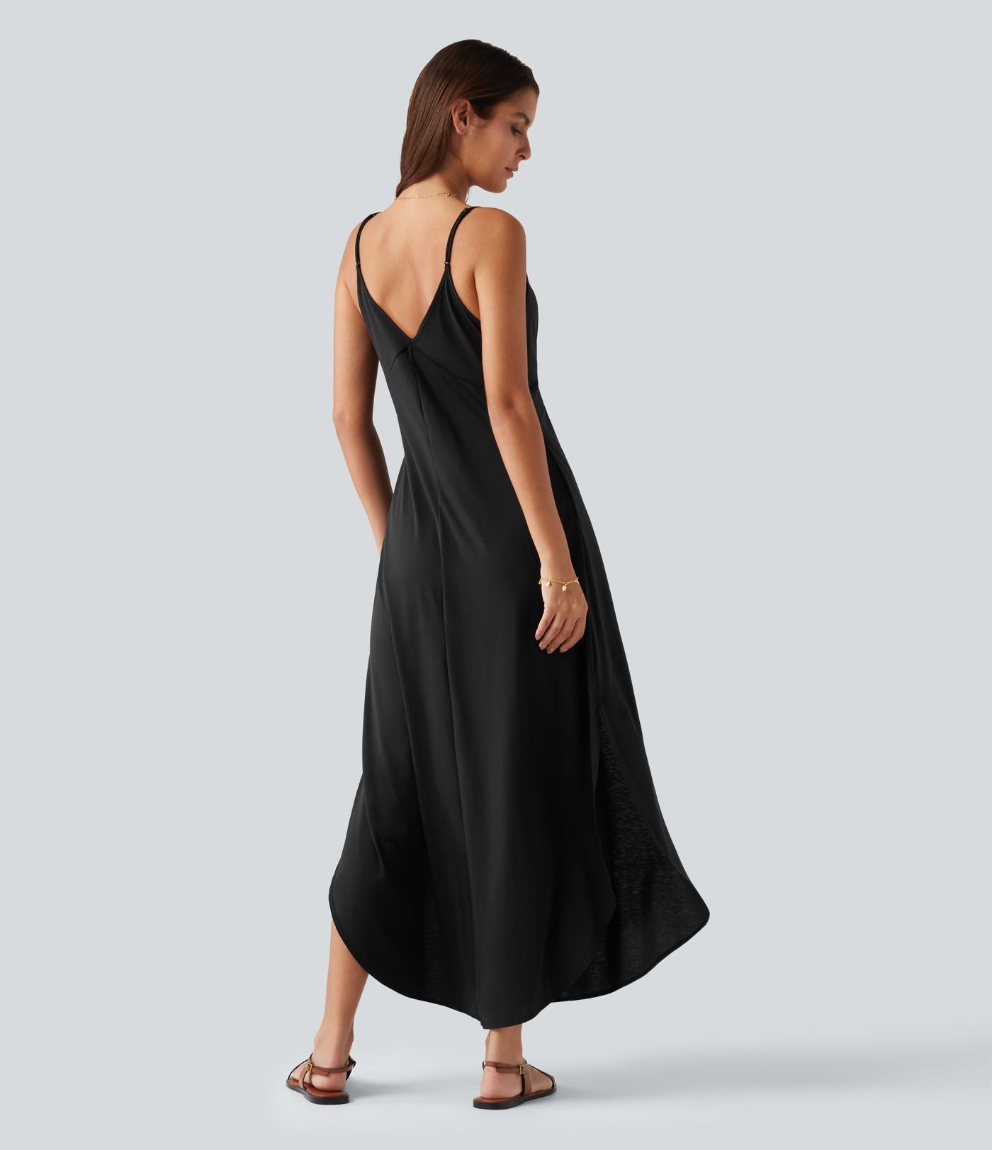 Robe longue décontractée col V style nuisette avec fente et poches