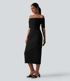 Robe midi moulante épaules dénudées manches courtes