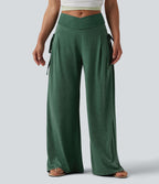 Pantalon casual large ample chiné taille haute croisé à lacets avec poches
