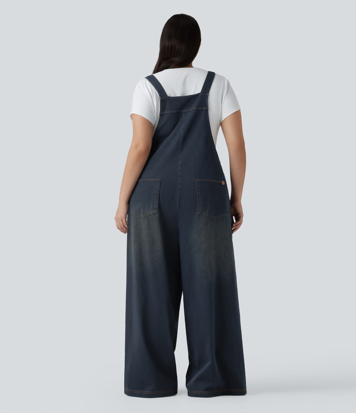 Grande taille Halara Flex™ Salopette casual en jean délavé col carré avec poches