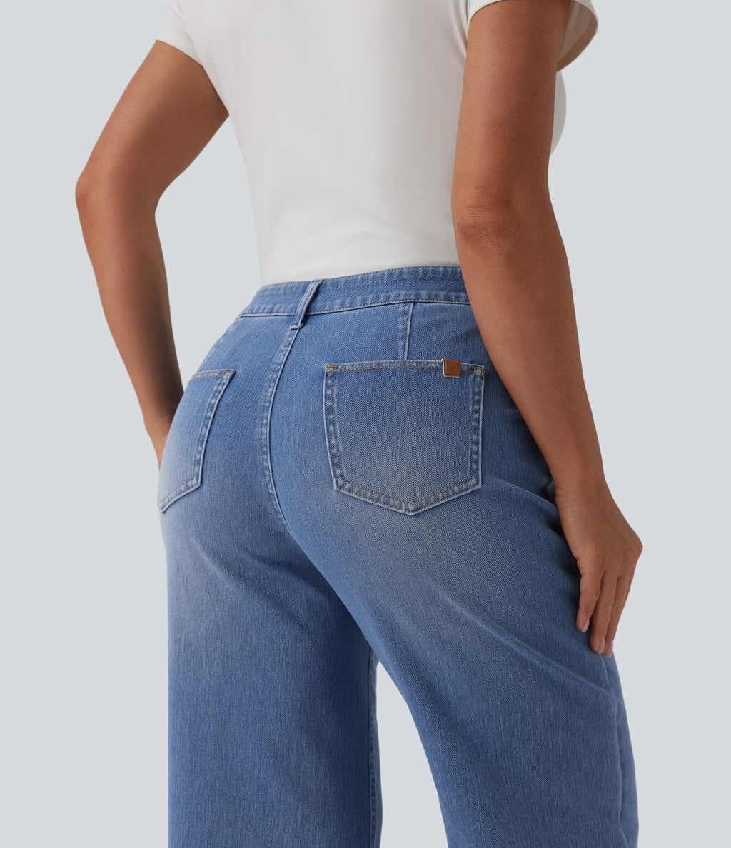 Jean Halara Flex™ décontracté délavé taille mi-haute coupe droite raccoucie avec poches