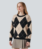Pull de travail carreaux losange col rond manches longues