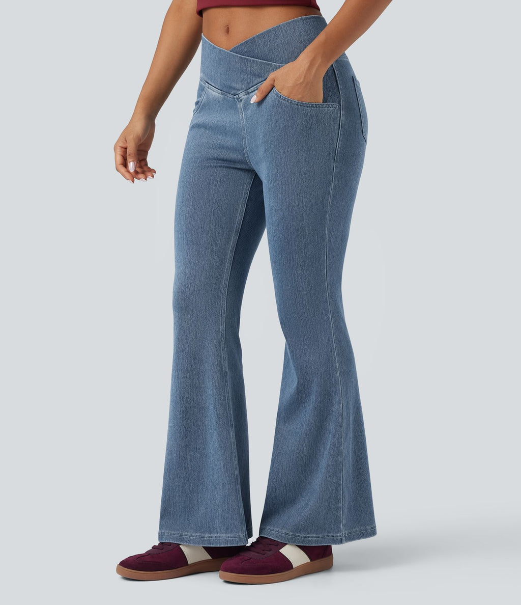 Halara Flex™ - Jean Ultra Evasé Tricot Extensible Lavé Poches Croisées Taille Haute