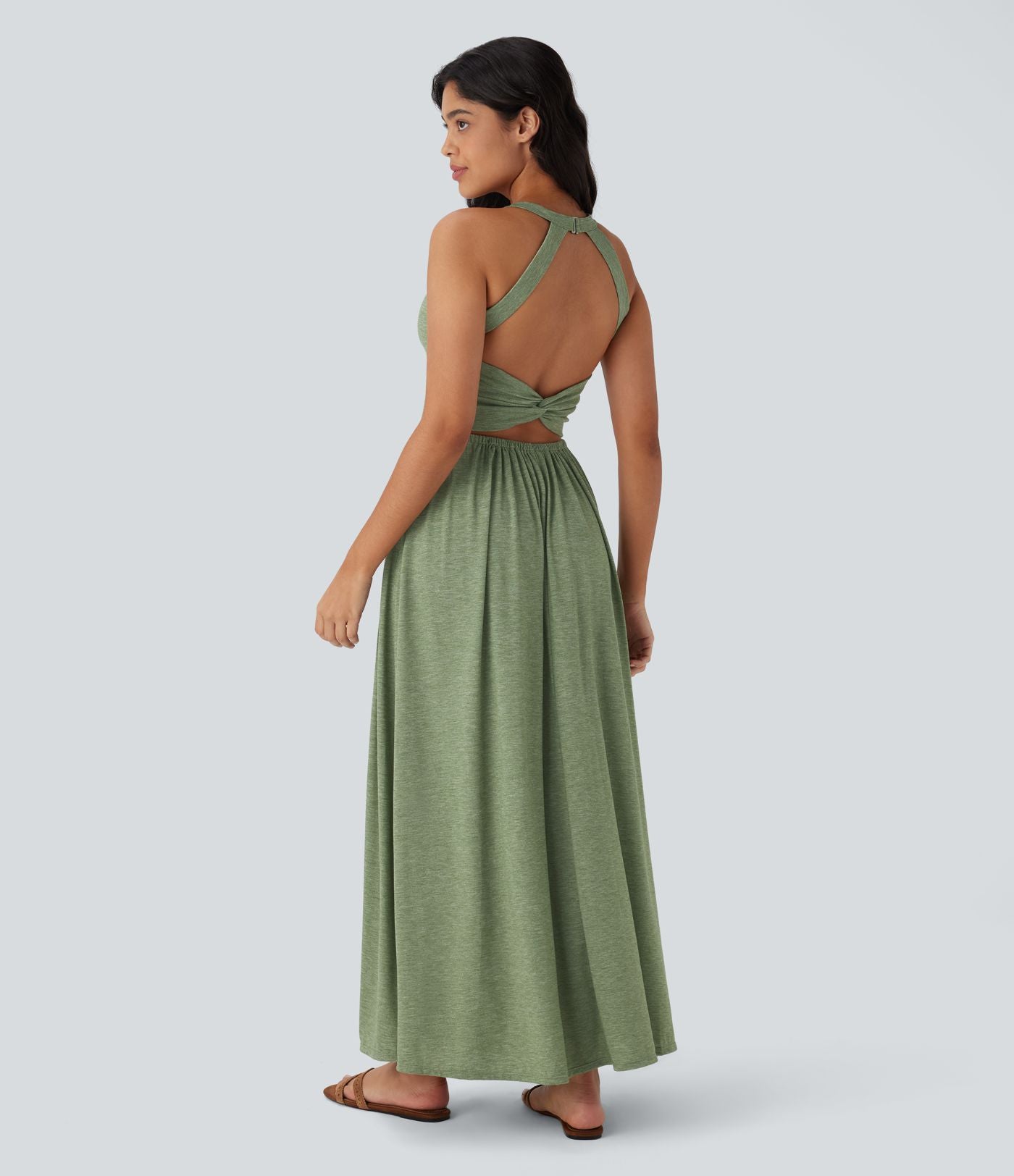 Robe longue fluide fendue avec poches latérales, dos nu et effet torsadé