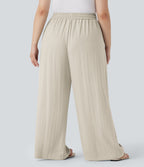 Pantalon décontracté grande taille large fluide taille haute effet lin avec cordon de serrage et poches