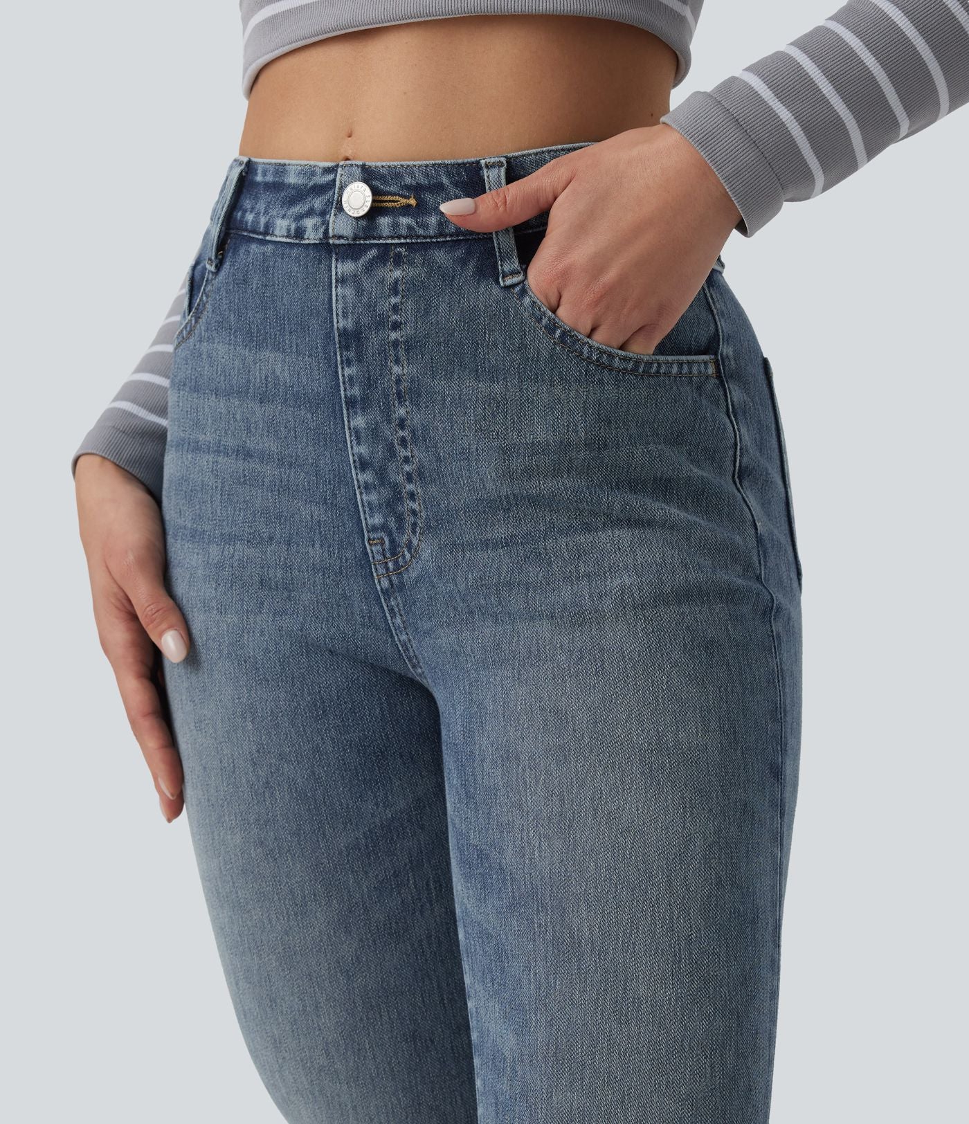 Halara Flex™ Jean slim casual taille haute à ourlet retroussé avec poches
