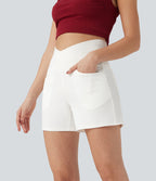 Halara Flex™ Short décontracté évasé à jambe large en denim extensible délavé taille haute croisée avec poches multiples