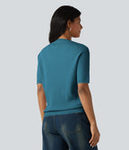 Pull col rond manches courtes en tissu gaufré