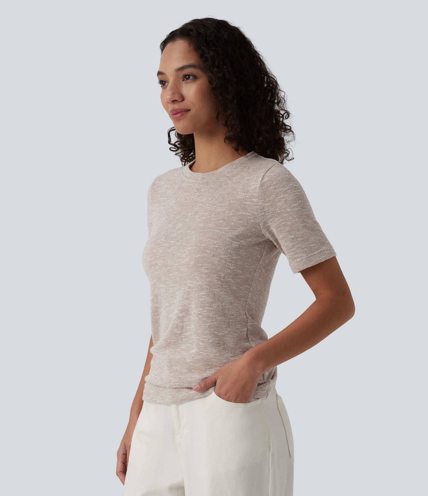 T-shirt décontracté semi-transparent chiné col rond manches courtes