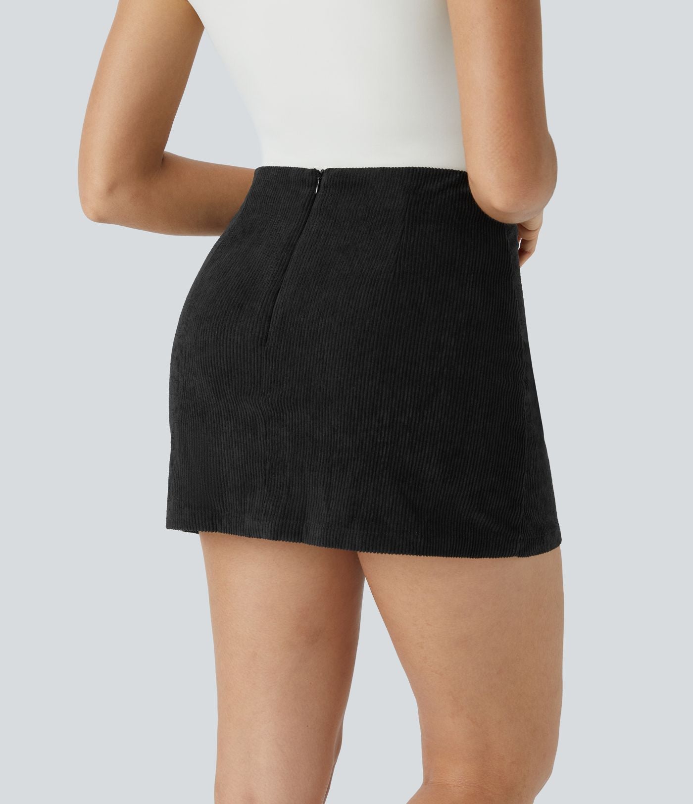 Mini-Jupe Casual en Velours Côtelé 2 en 1 Fermeture Éclair Invisible Taille Haute