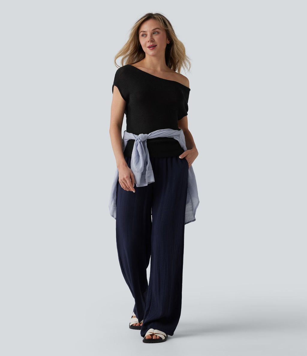 Pull décontracté épaules dénudées manches courtes