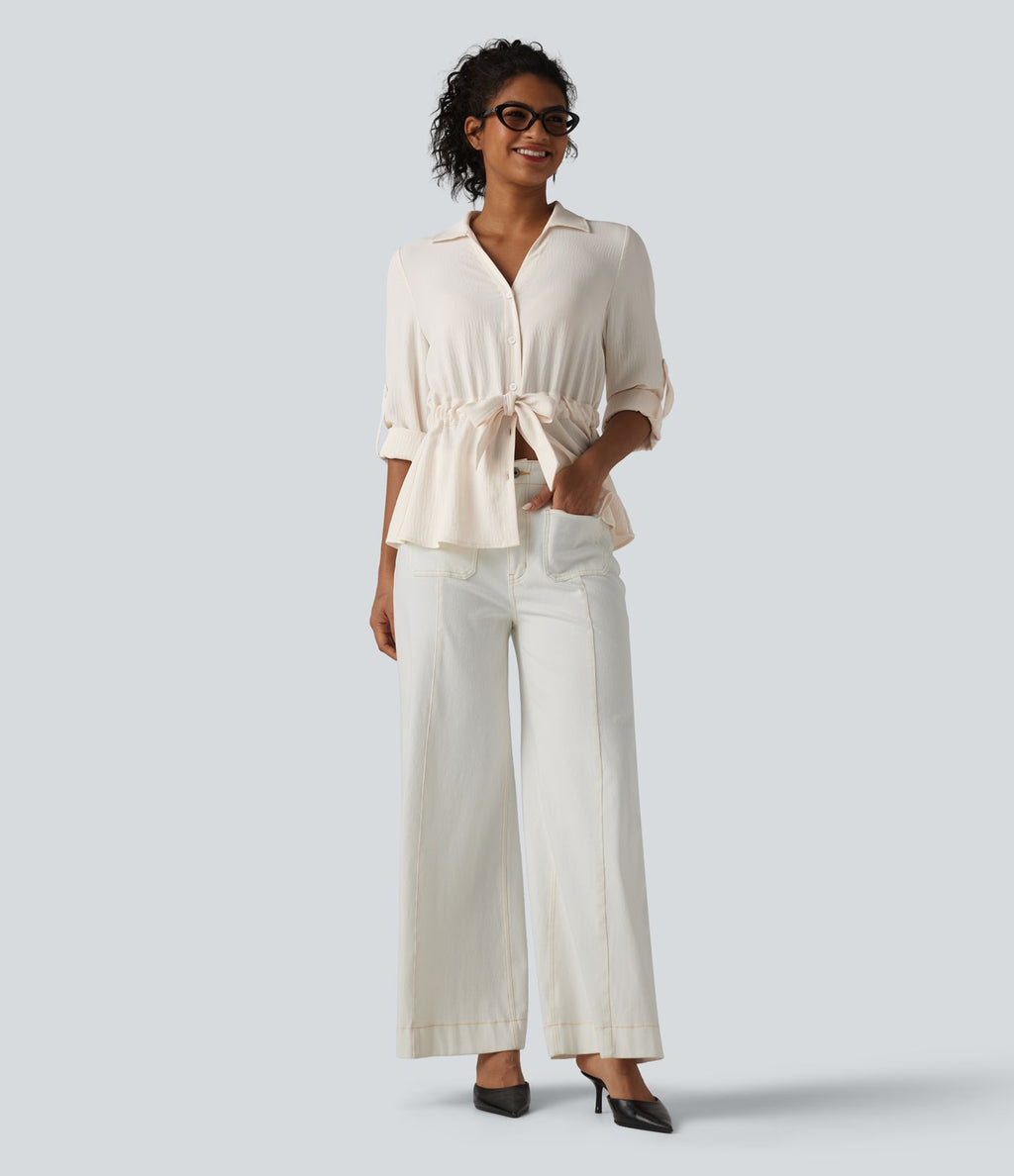 Chemise effet lin esprit bureau à revers, manches retroussées et lien à nouer
