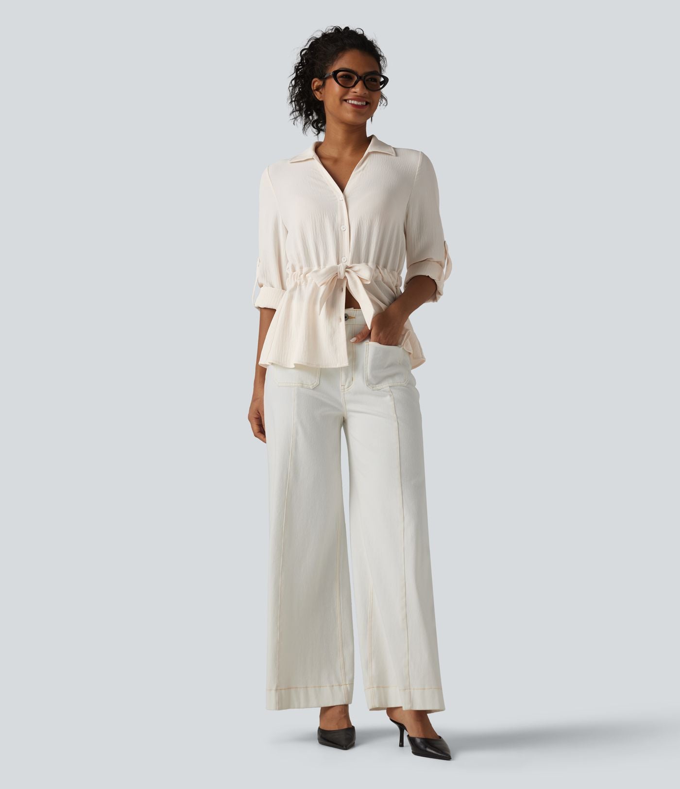Chemise effet lin esprit bureau à revers, manches retroussées et lien à nouer