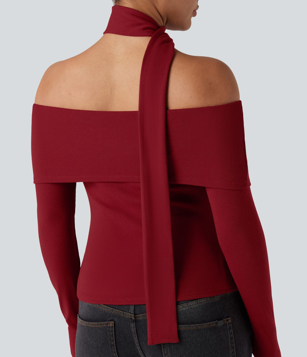 Top côtelé épaules dénudées manches longues avec brassière intégrée et foulard