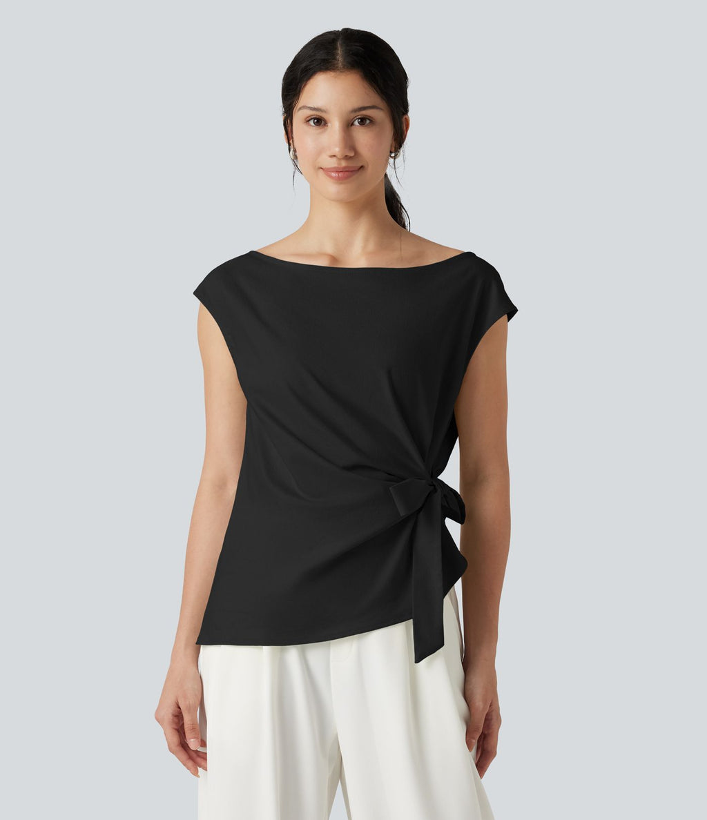 Blouse casual col bateau en mélange de lin à [manches cap] nouée sur le côté