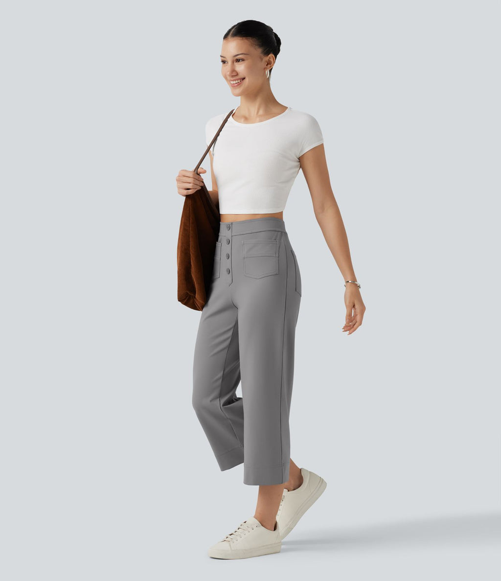 Pantalon coupe droite DayStretch décontracté court, taille haute, à poches