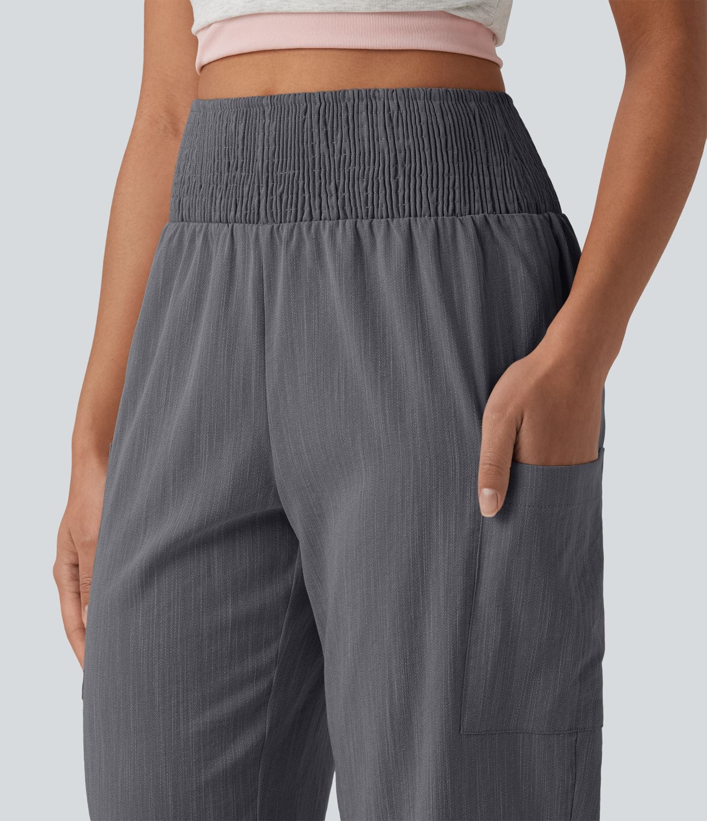 Jogging fuselé décontracté aspect lin froncé taille haute avec poches
