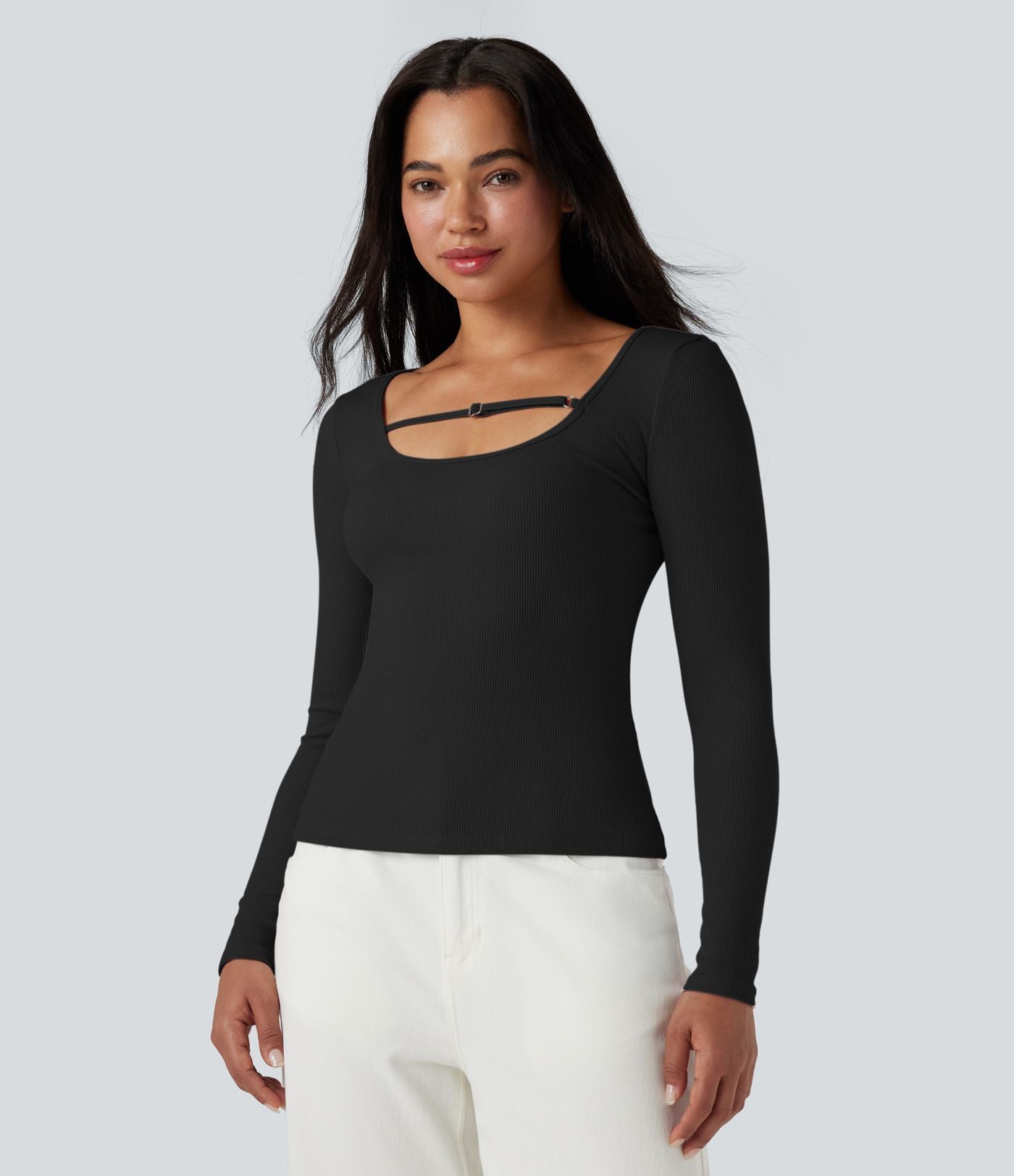 T-shirt côtelé col U manches longues