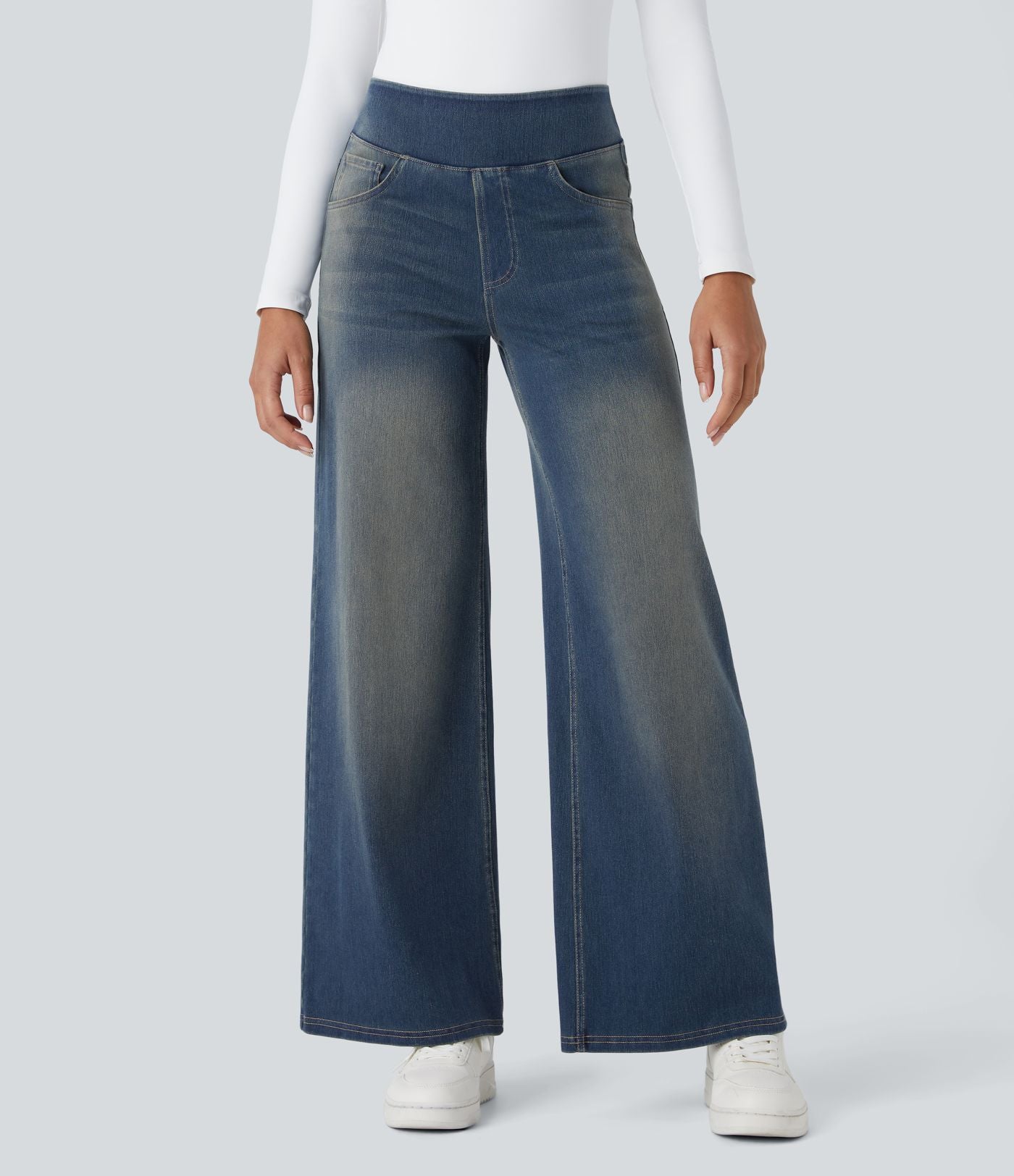 Halara Flex™ Jean Large Casual Taille Haute Poches Multiples Tricot Extensible Délavé