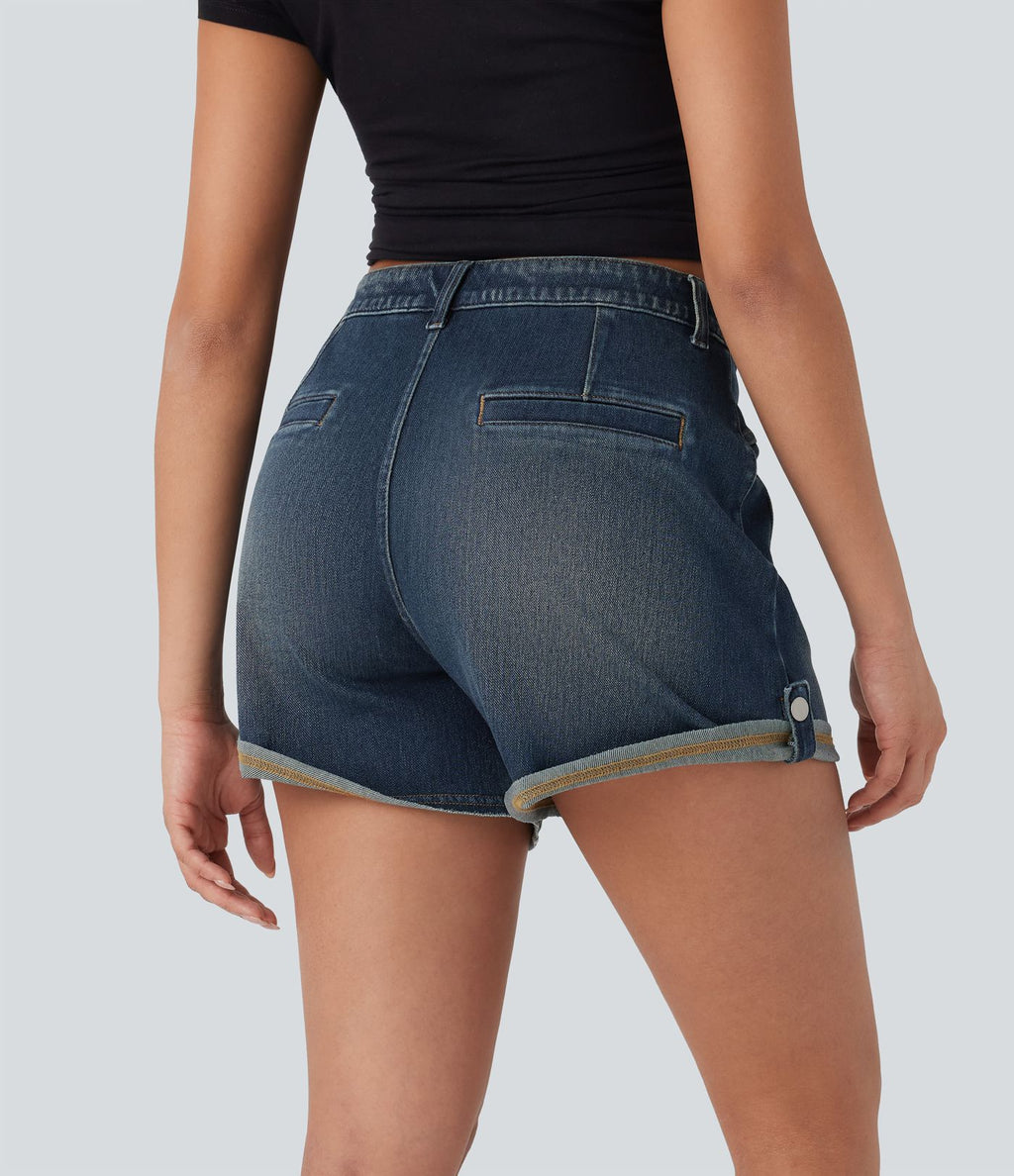 Short décontracté en jean extensible délavé Halara Flex™ taille moyenne avec revers et poches avant