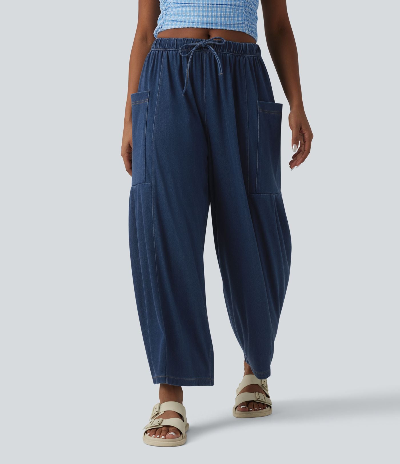 Halara Flex™ Jean large 7/8 casual taille mi-haute en lyocell drapé, avec cordon de serrage et poches