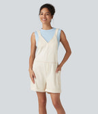 Salopette en jean Halara Flex™ col V délavée décontractée à ourlet roulotté avec poches