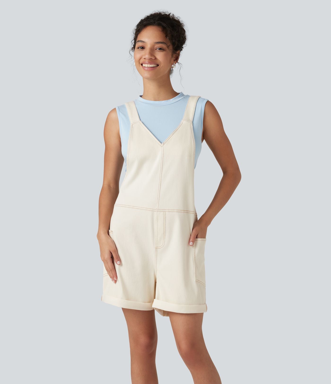 Salopette en jean Halara Flex™ col V délavée décontractée à ourlet roulotté avec poches