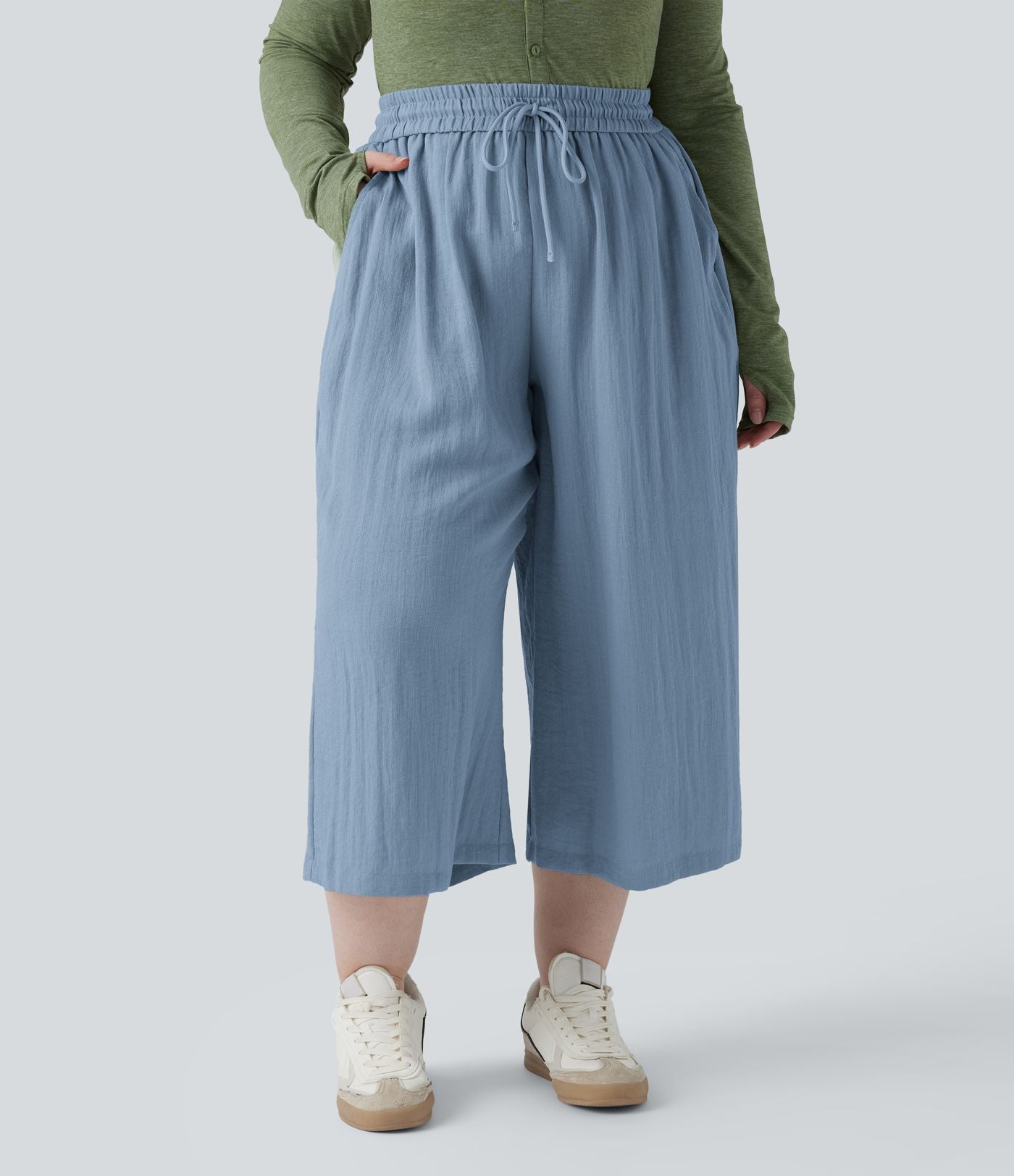 Pantalon grande taille large fluide taille haute avec cordon de serrage, poches et aspect lin