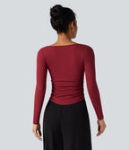 T-shirt tailleur côtelé col henley froncé ourlet arrondi manches longues