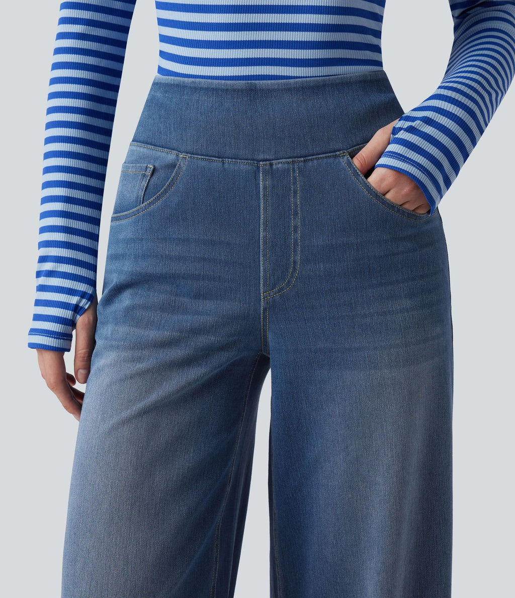 Jean décontracté Halara Flex™ large taille haute effet délavé avec poches