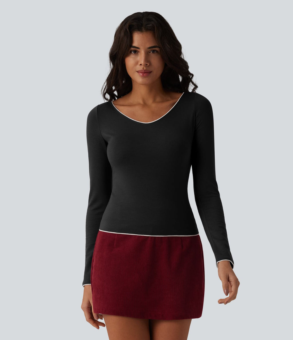 Top casual chauffant Halara HeatCore col V manches longues avec liserés contrastants